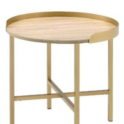 Table d'appoint ronde en bois et métal doré et chêne de 22 po