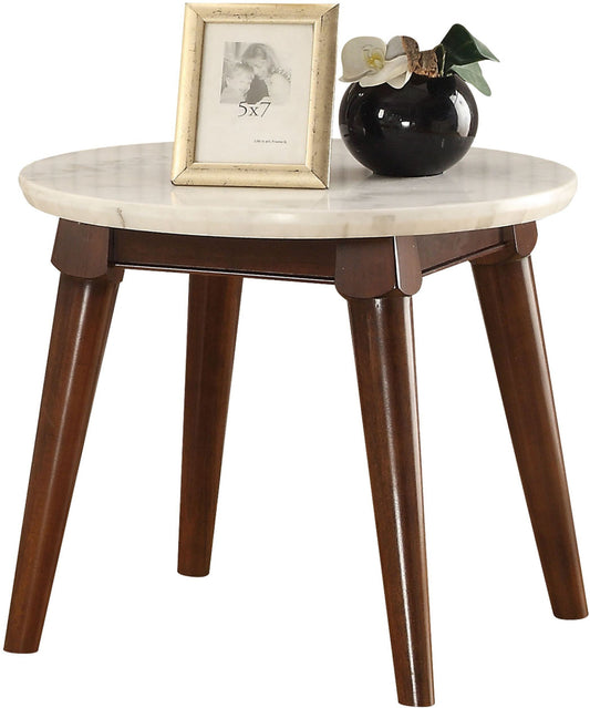 Table d'appoint ronde en faux marbre blanc et noyer de 22 po