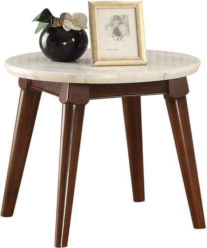 Table d'appoint ronde en faux marbre blanc et noyer de 22 po