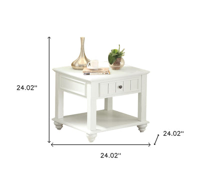 Table d'appoint carrée blanchie de 24 po avec tiroir et étagère