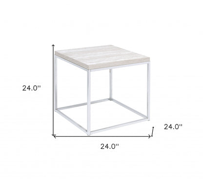 Table d'appoint carrée en bois et métal chromé et chêne blanc de 24 po