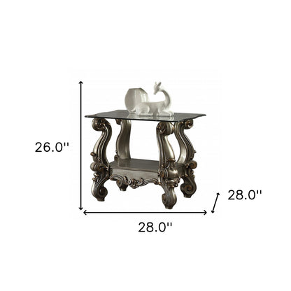 Table d'appoint carrée en platine, verre transparent et bois massif de 26 po avec étagère