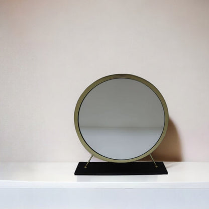 Miroir de table rond en fausse fourrure de 19 po, finition noire et laiton, pour le maquillage et le rasage