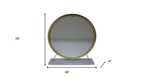 Miroir de table rond en fausse fourrure de 19 po, finition blanche et laiton, pour le maquillage et le rasage