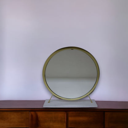 Miroir de table rond en fausse fourrure de 19 po, finition blanche et laiton, pour le maquillage et le rasage