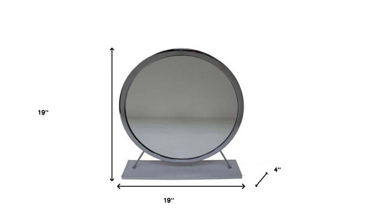 Miroir de table rond en fausse fourrure de 19 po, finition blanche et chromée, pour le maquillage et le rasage