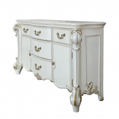 Commode triple à cinq tiroirs en bois massif et manufacturé de 71 po de couleur perle