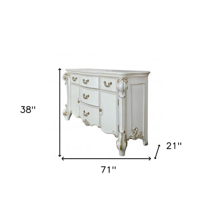 Commode triple à cinq tiroirs en bois massif et manufacturé de 71 po de couleur perle