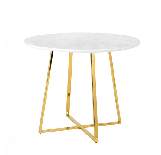 39" White And Gold Rounded Iron Pedestal Base Dining Table