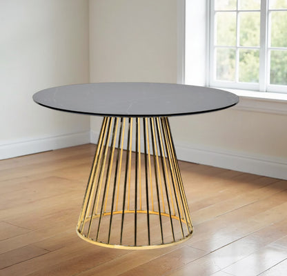 43" Black And Gold Rounded Stainless Steel Pedestal Base Dining Table