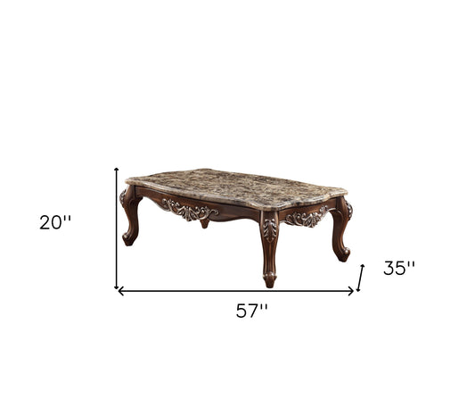 Table basse en faux marbre brun et chêne de 57 po et en bois massif et manufacturé