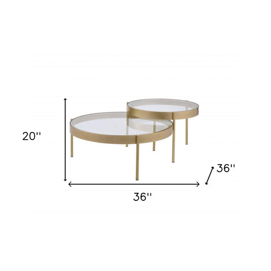 Tables basses rondes gigognes en verre et métal transparent et doré de 36 po