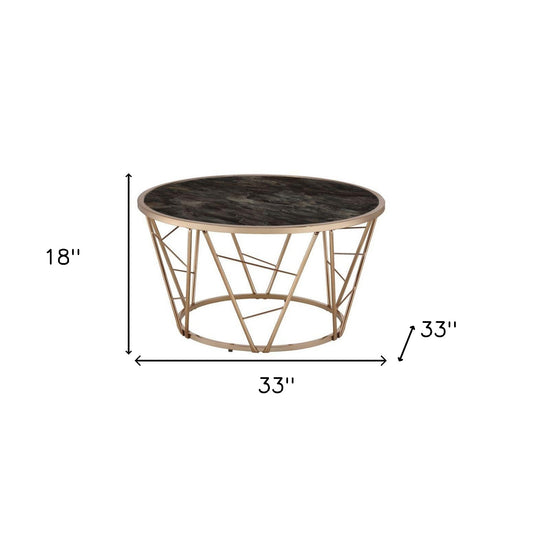 Table basse ronde en faux marbre et métal de 33 po en verre noir et champagne