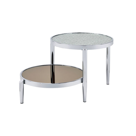 Table basse ronde à deux niveaux avec miroir chromé et argenté de 37 po