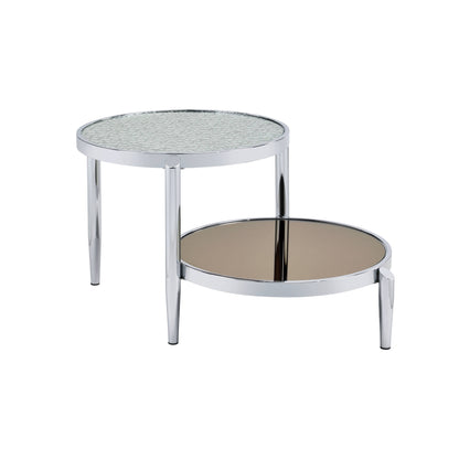 Table basse ronde à deux niveaux avec miroir chromé et argenté de 37 po