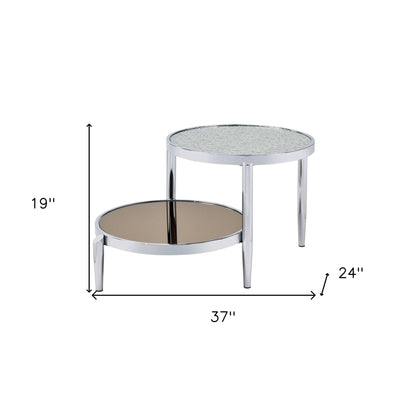 Table basse ronde à deux niveaux avec miroir chromé et argenté de 37 po