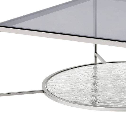 Table basse carrée en chrome et verre transparent de 32 po avec étagère