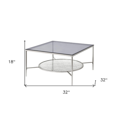 Table basse carrée en chrome et verre transparent de 32 po avec étagère