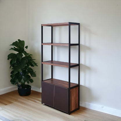 70" Brown and Black Metal Three Tier Bookcase with Two doors