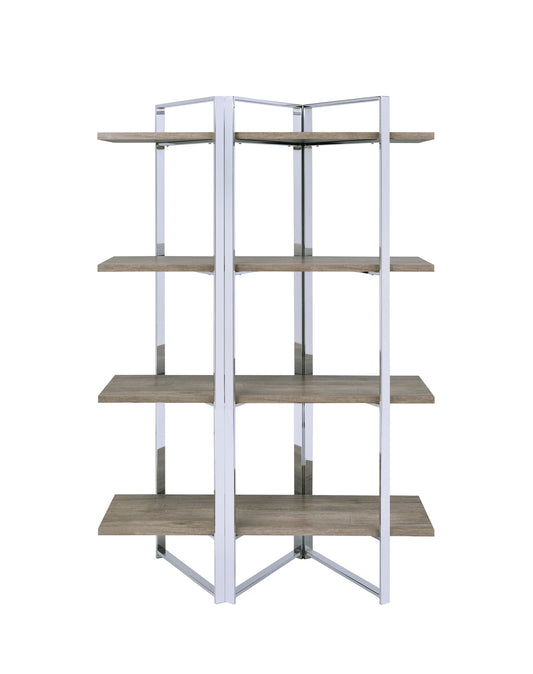 72" Brown and Silver Metal Four Tier Etagere Bookcase