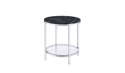 Table d'appoint ronde en faux marbre et métal chromé et noir de 25 po avec étagère