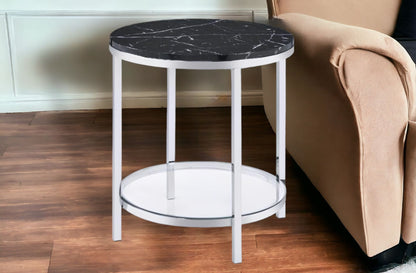 Table d'appoint ronde en faux marbre et métal chromé et noir de 25 po avec étagère