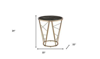 Table d'appoint ronde en verre et métal imitation marbre champagne et noir de 24 po