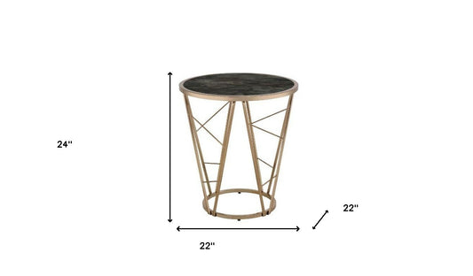 Table d'appoint ronde en verre et métal imitation marbre champagne et noir de 24 po