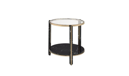 Table d'appoint ronde en verre champagne et transparent et en métal de 24 po avec étagère