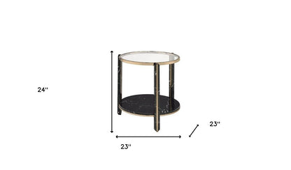 Table d'appoint ronde en verre champagne et transparent et en métal de 24 po avec étagère