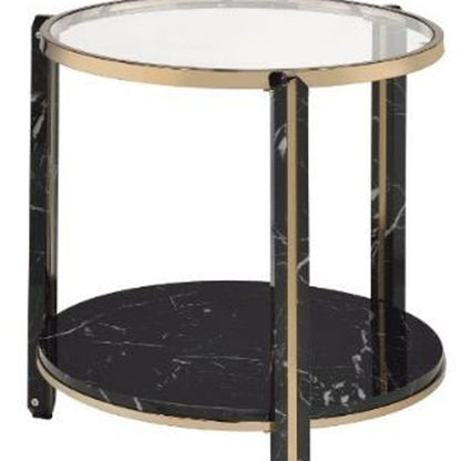 Table d'appoint ronde en verre champagne et transparent et en métal de 24 po avec étagère