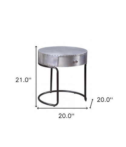 Table d'appoint ronde en aluminium et bois manufacturé de 21 po avec tiroir