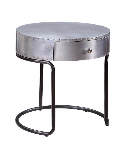 Table d'appoint ronde en aluminium et bois manufacturé de 21 po avec tiroir