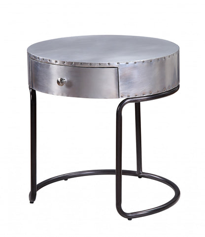 Table d'appoint ronde en aluminium et bois manufacturé de 21 po avec tiroir