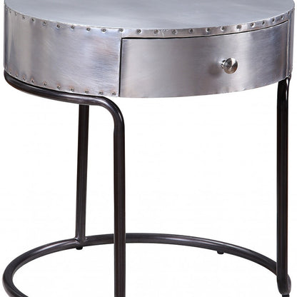 Table d'appoint ronde en aluminium et bois manufacturé de 21 po avec tiroir