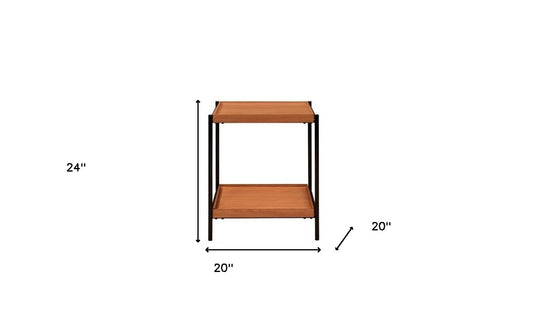 Table d'appoint carrée en bois de chêne noir et miel et métal de 24 po avec étagère