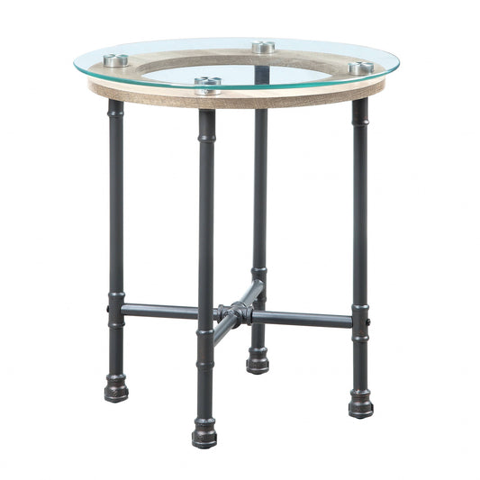 Table d'appoint ronde en verre et métal gris sable et transparent de 24 po