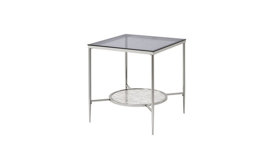 Table d'appoint carrée en chrome et verre transparent et métal de 24 po avec étagère