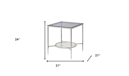 Table d'appoint carrée en chrome et verre transparent et métal de 24 po avec étagère