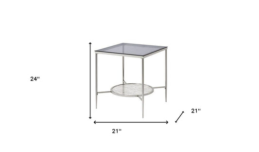 Table d'appoint carrée en chrome et verre transparent et métal de 24 po avec étagère