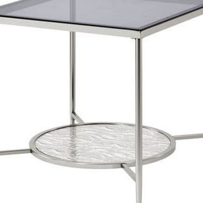 Table d'appoint carrée en chrome et verre transparent et métal de 24 po avec étagère