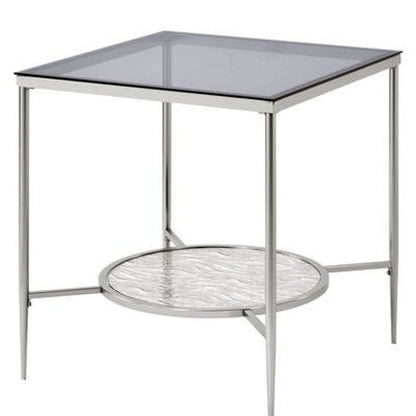 Table d'appoint carrée en chrome et verre transparent et métal de 24 po avec étagère