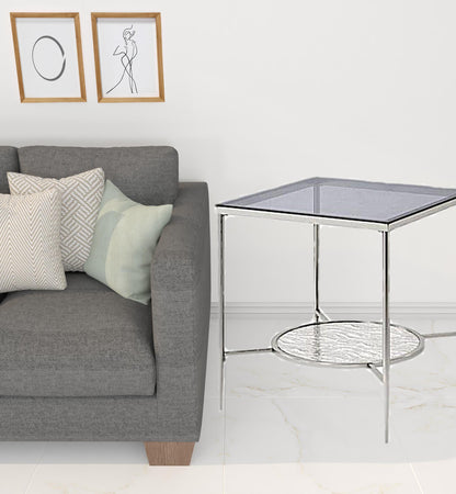 Table d'appoint carrée en chrome et verre transparent et métal de 24 po avec étagère