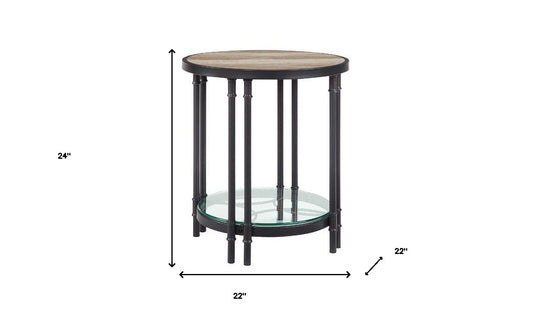 Table d'appoint ronde en bois et métal noir et chêne de 24 po avec étagère