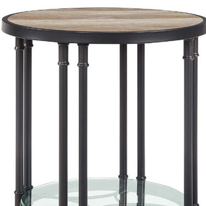 Table d'appoint ronde en bois et métal noir et chêne de 24 po avec étagère