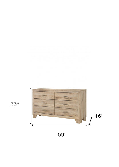 Commode double à six tiroirs en bois manufacturé brun naturel de 59 po