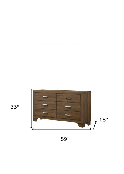 Commode double à six tiroirs en bois massif et manufacturé brun de 59 po