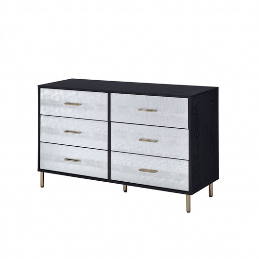 Commode double à six tiroirs en simili-croco noir, argent et or de 47 po