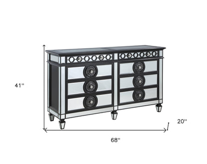 Commode double à huit tiroirs en bois massif et manufacturé noir et argent de 68 po