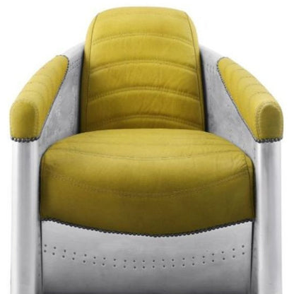 Chaise tonneau en cuir pleine fleur jaune et acier de 28 po